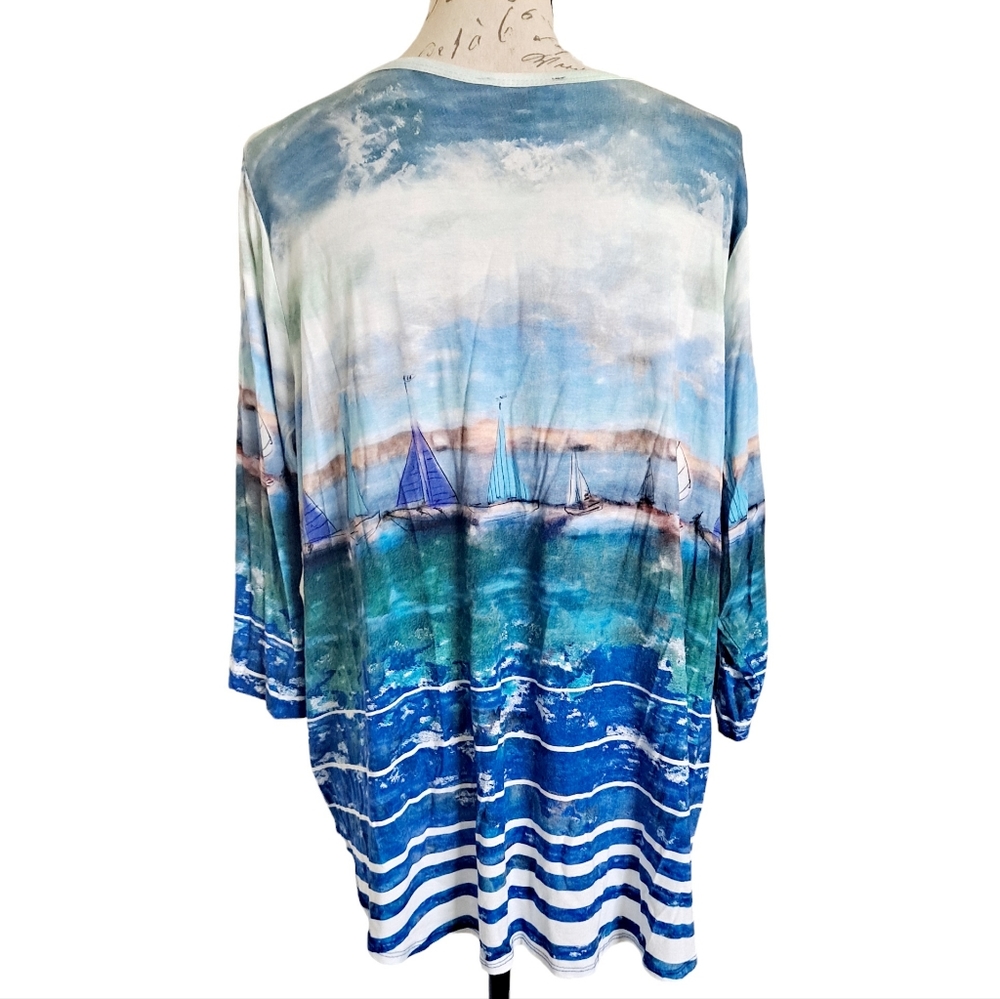 SOLD Karen Kane abstract art to wear boats on ocean stretchy blouse top size 1X - Picture 6 of 15
